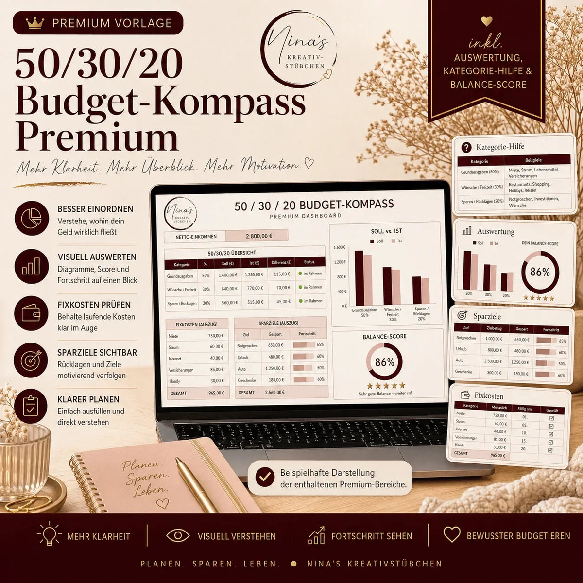 50/30/20 Budget-Kompass – Premium Google Sheets Vorlage - Nina's Kreativstübchen