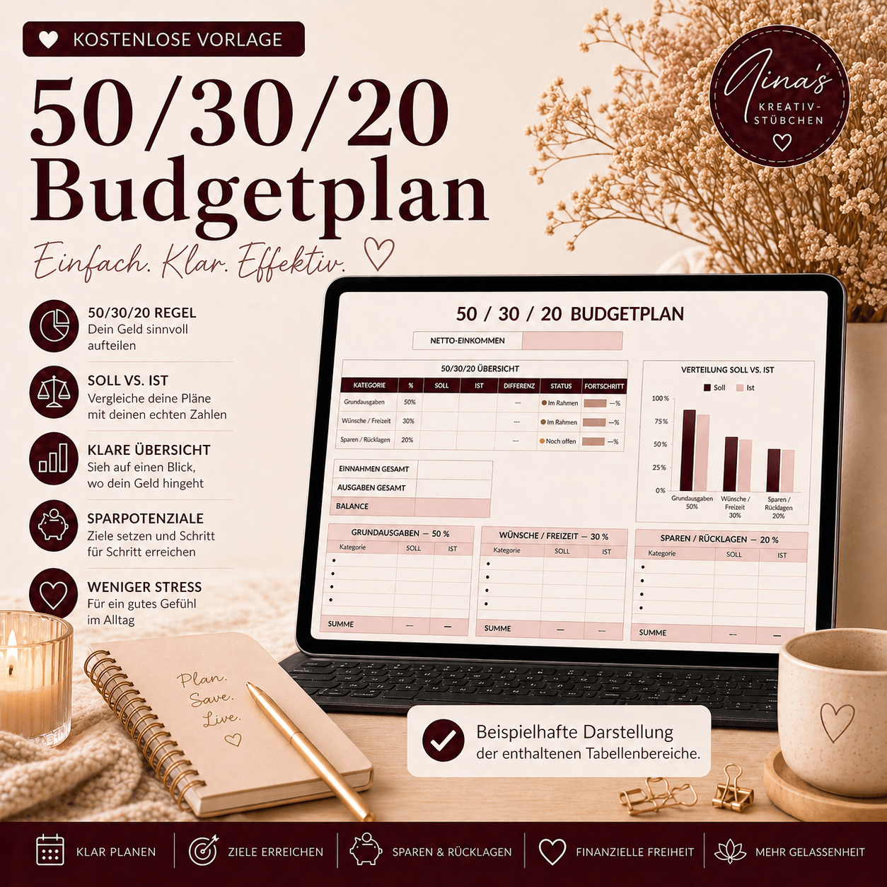 50/30/20 Budgetplan – Kostenlose Vorlage für mehr Überblick & finanzielle Klarheit - Nina's Kreativstübchen