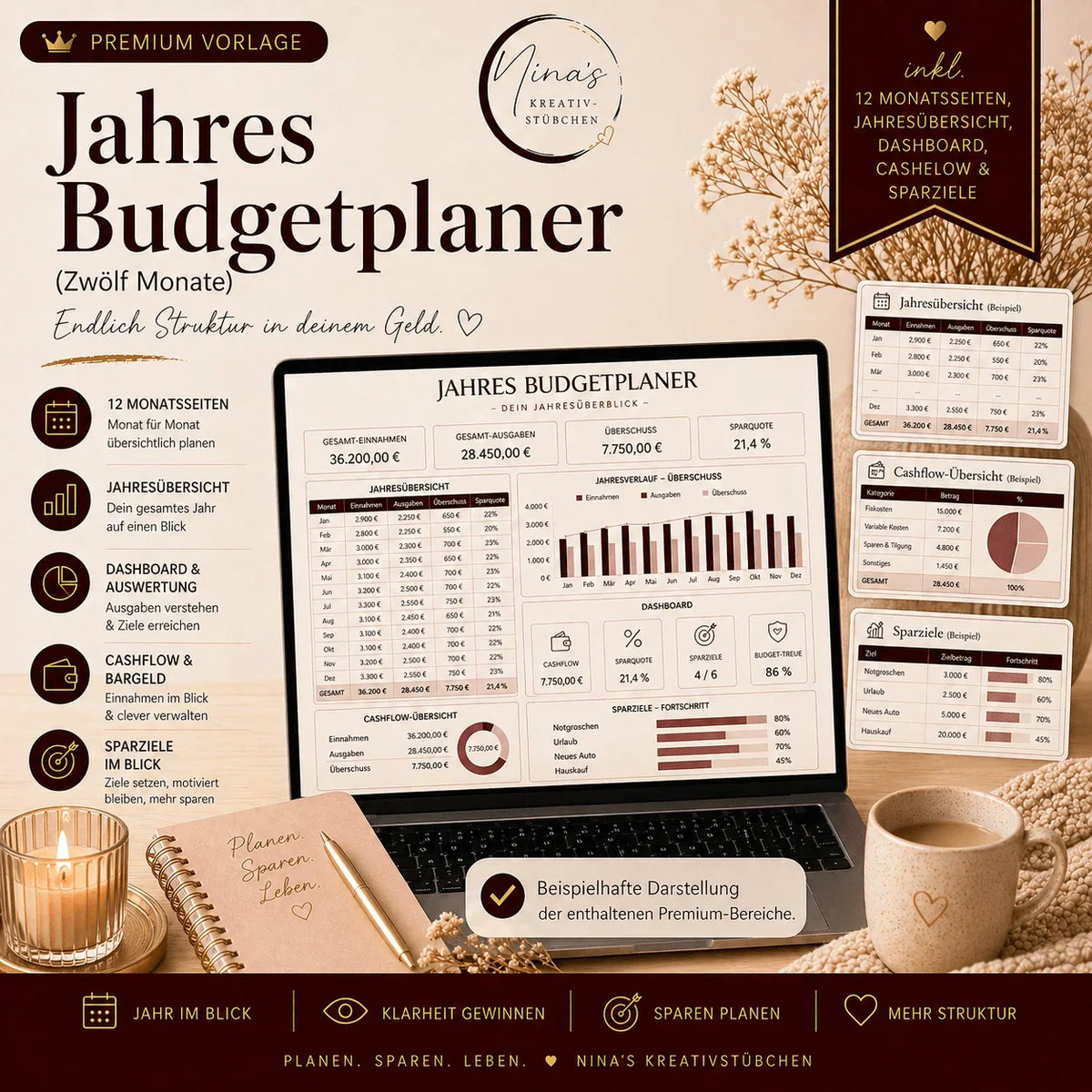 Jahres-Budgetplaner 12 Monate – Premium Google Sheets Vorlage - Nina's Kreativstübchen