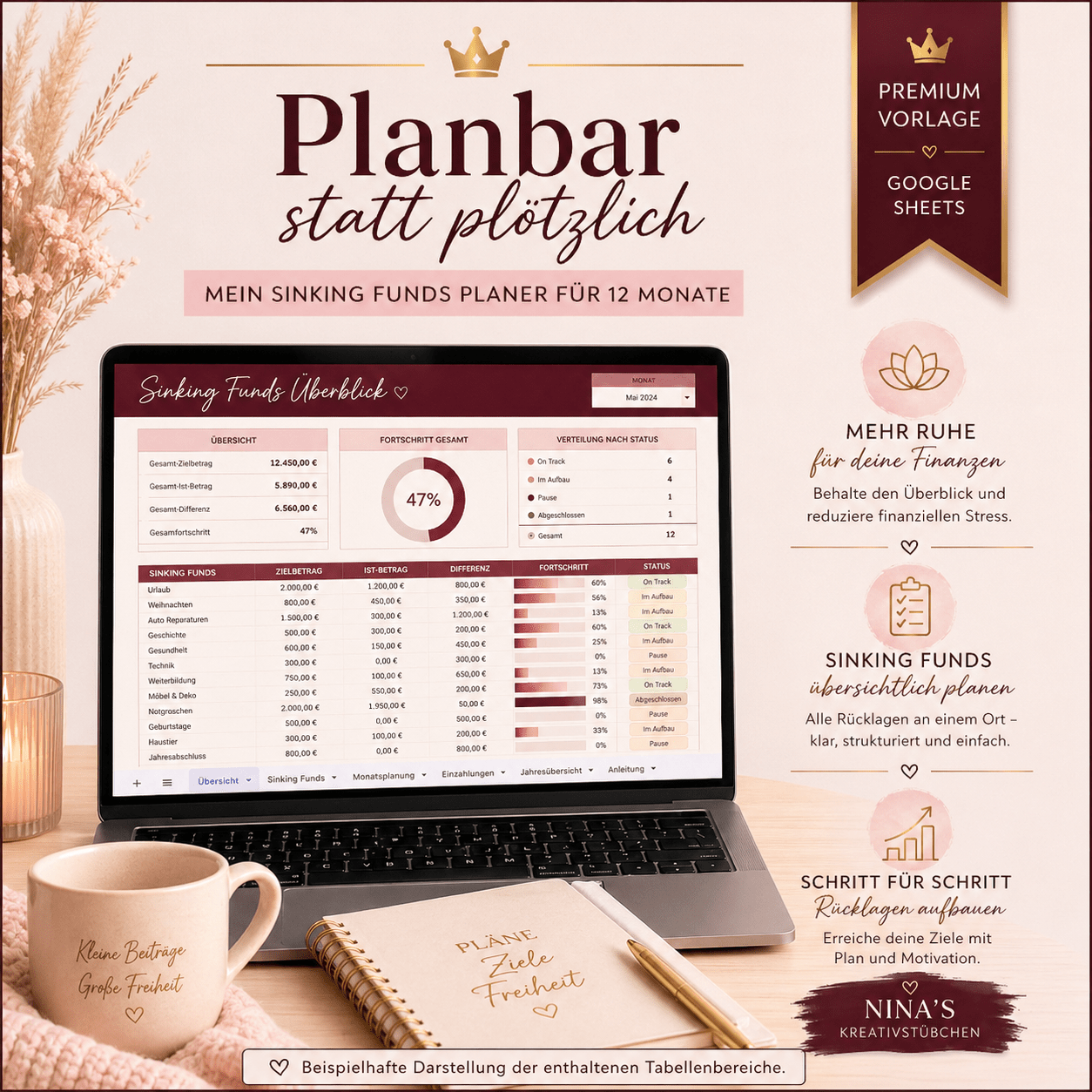 Planbar statt plötzlich – Mein Sinking Funds Planer für zwölf Monate | Premium | Google Sheets Vorlage - Nina's Kreativstübchen