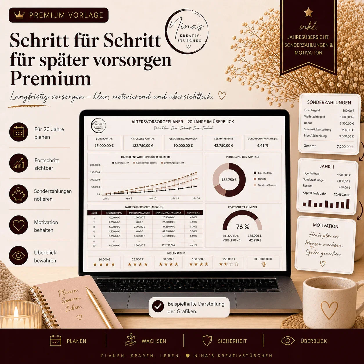 Schritt für Schritt für später vorsorgen Premium – Altersvorsorgeplaner in Google Sheets - Nina's Kreativstübchen