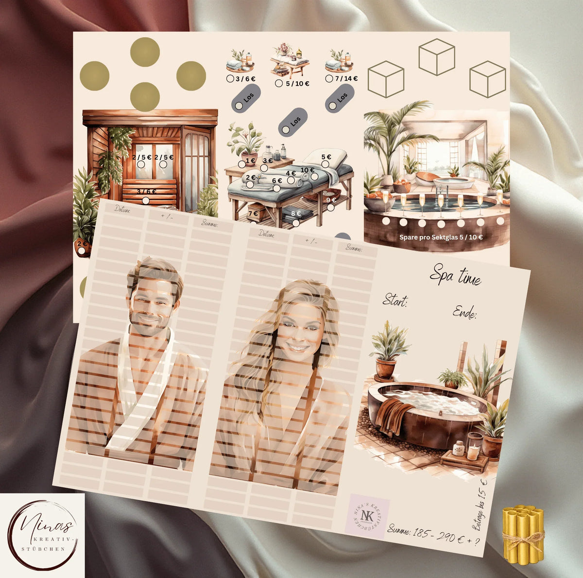 Spa time, die Wellness-Sparchallenge von Nina's Kreativstübchen als A6 Klappkarte mit Umschlagmethode sparen