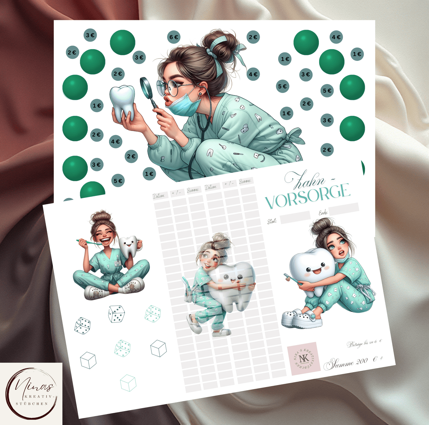 Zahnvorsorge Sparchallenge von Nina's Kreativstübchen als A6 3er Klappkarte mit Umschlagmethode zum sparen