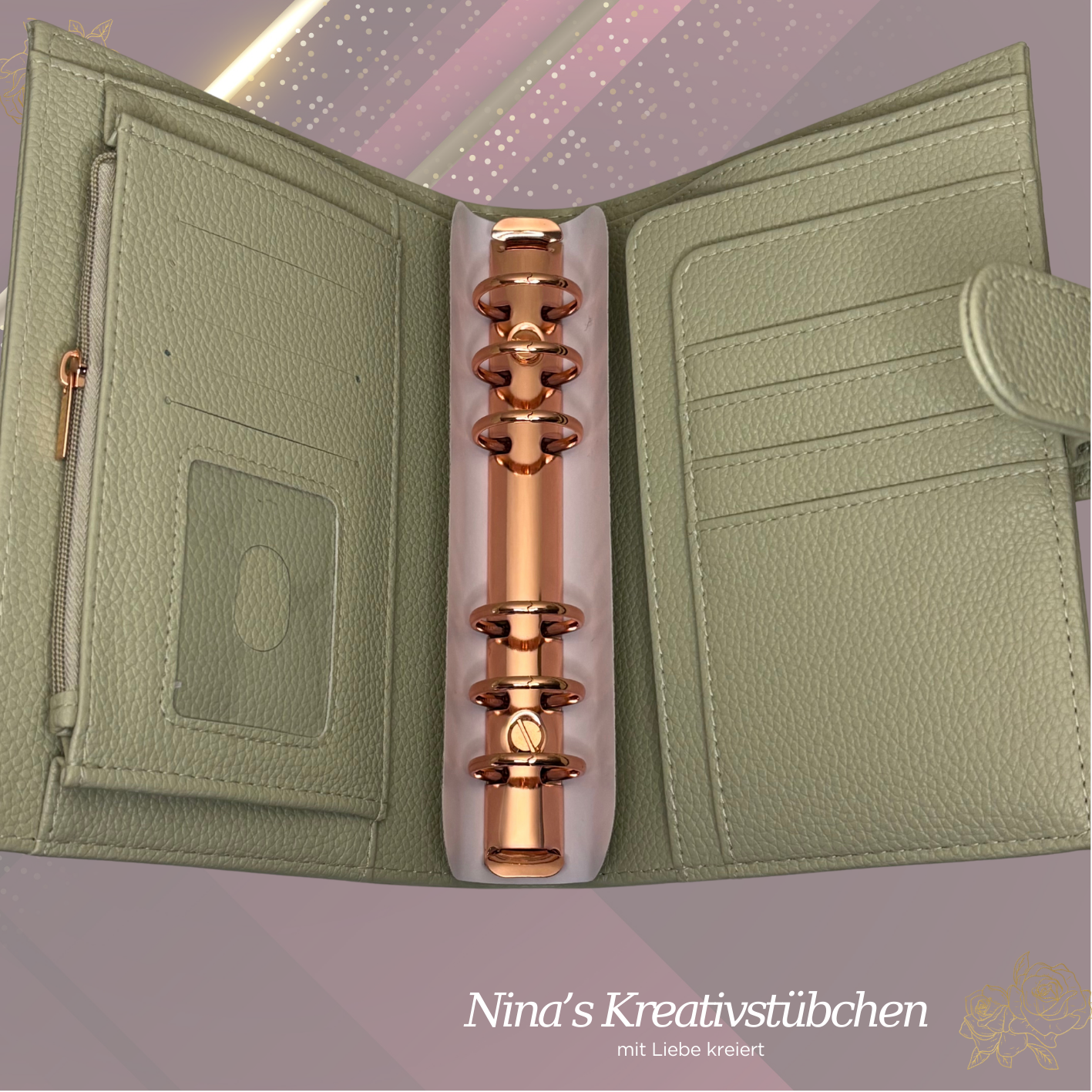 Premium Binder A6 aus Litschi Leder mit rosé goldenen Ringen I Ausverkauf