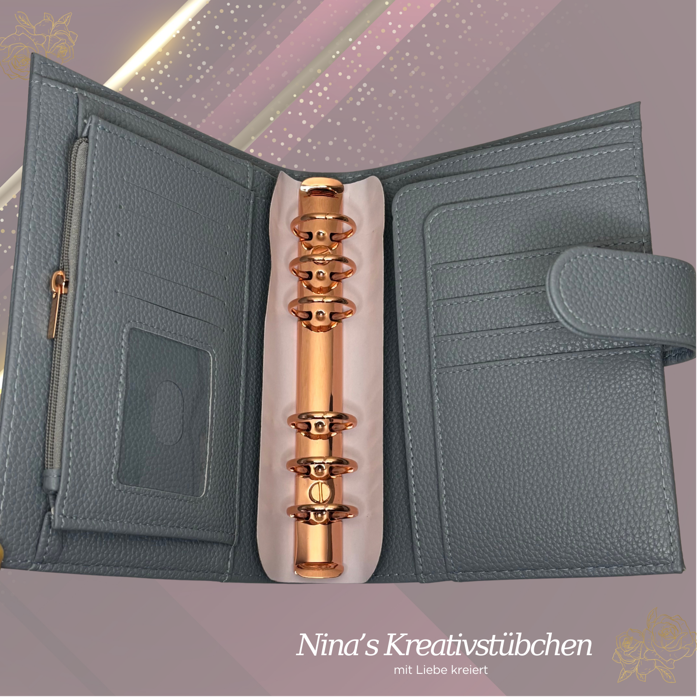Premium Binder A6 aus Litschi Leder mit rosé goldenen Ringen I Ausverkauf