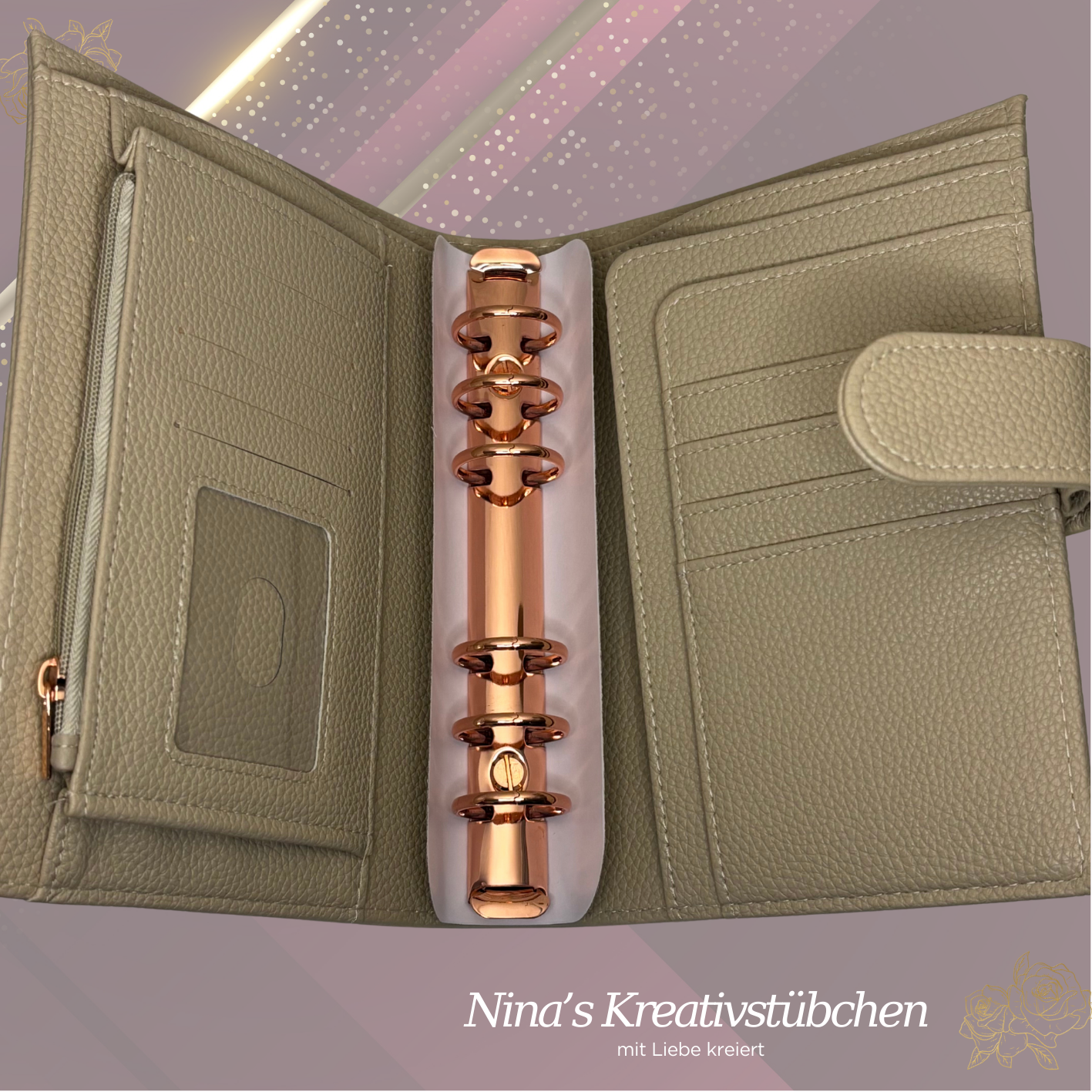 Premium Binder A6 aus Litschi Leder mit rosé goldenen Ringen I Ausverkauf