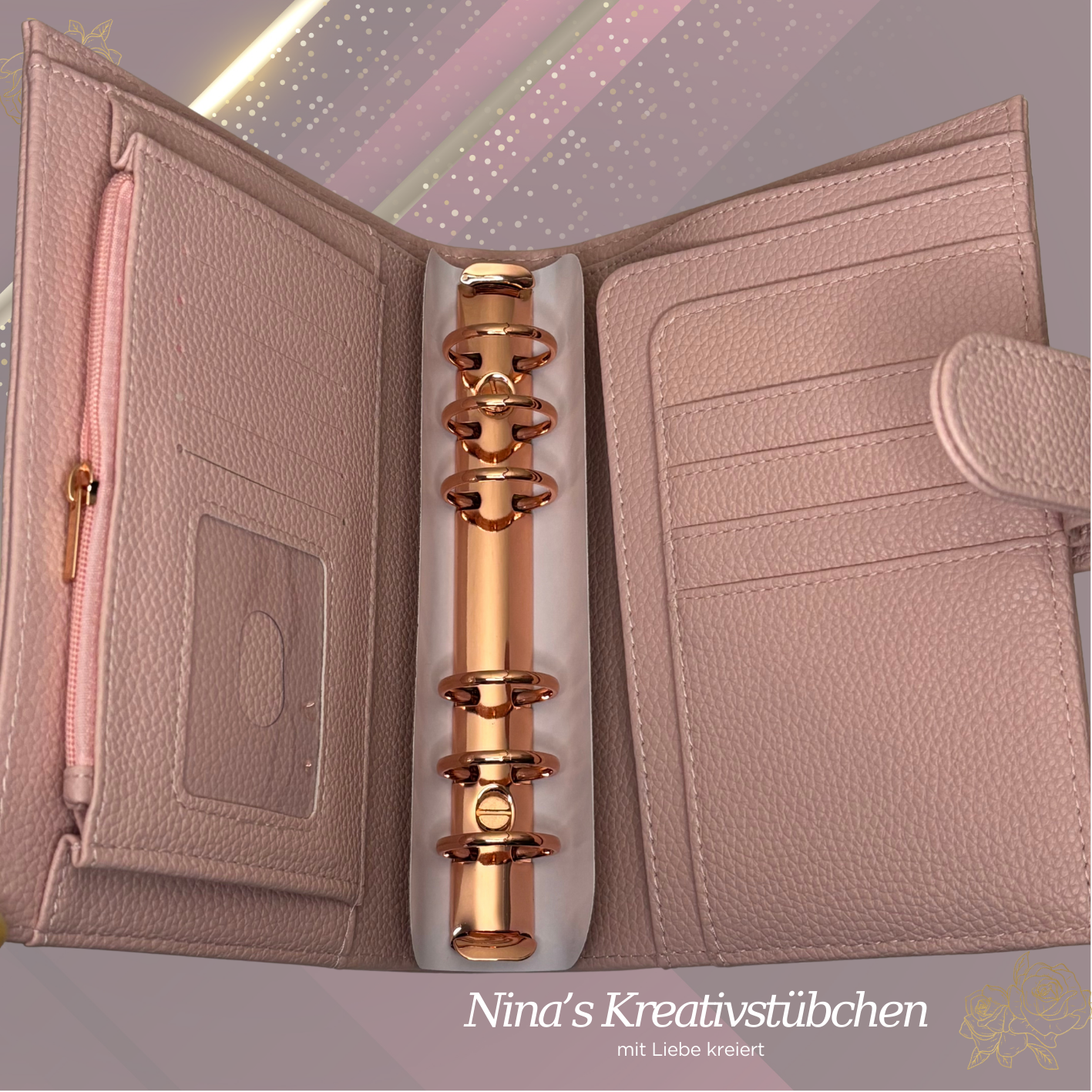 Premium Binder A6 aus Litschi Leder mit rosé goldenen Ringen I Ausverkauf