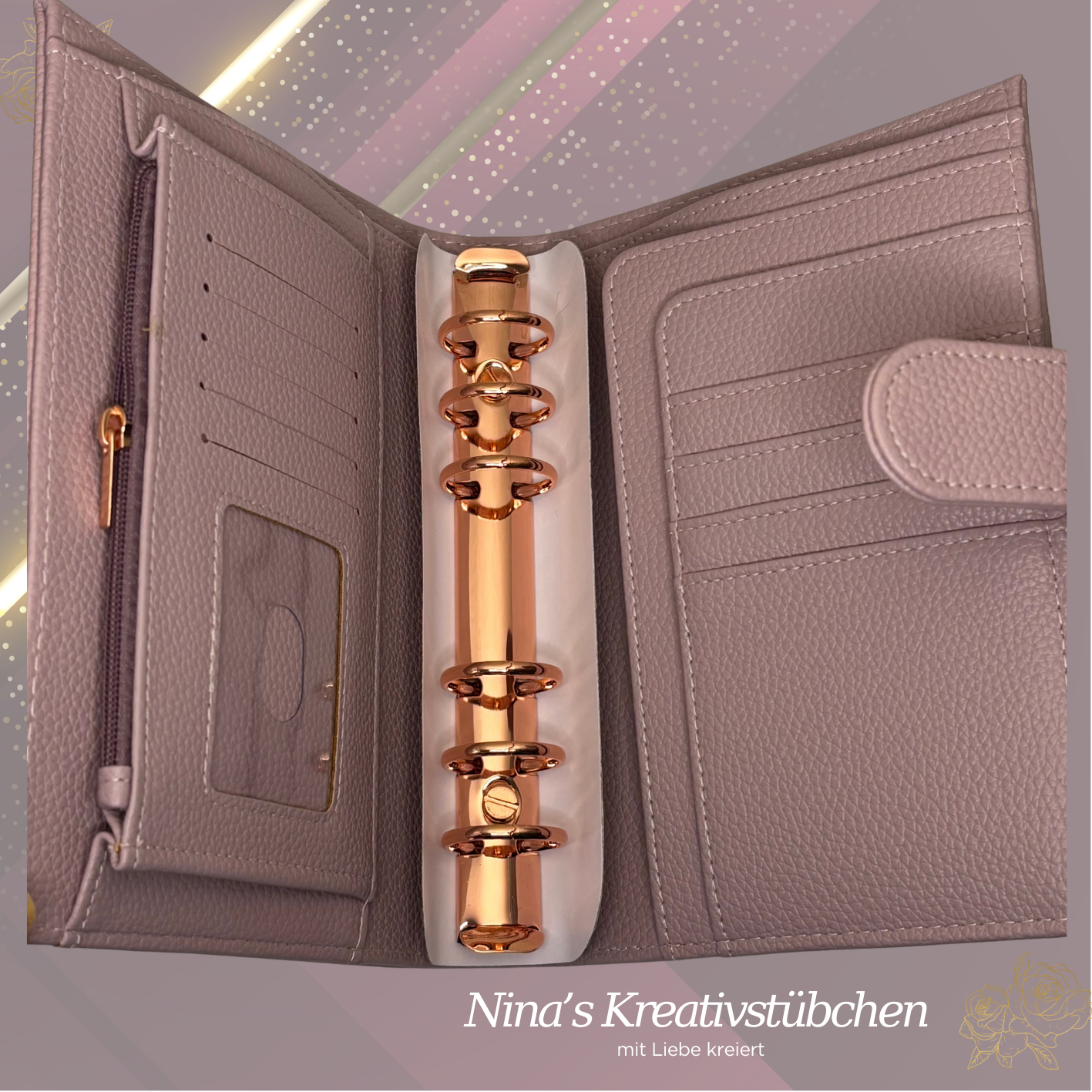 Premium Binder A6 aus Litschi Leder mit rosé goldenen Ringen I Ausverkauf