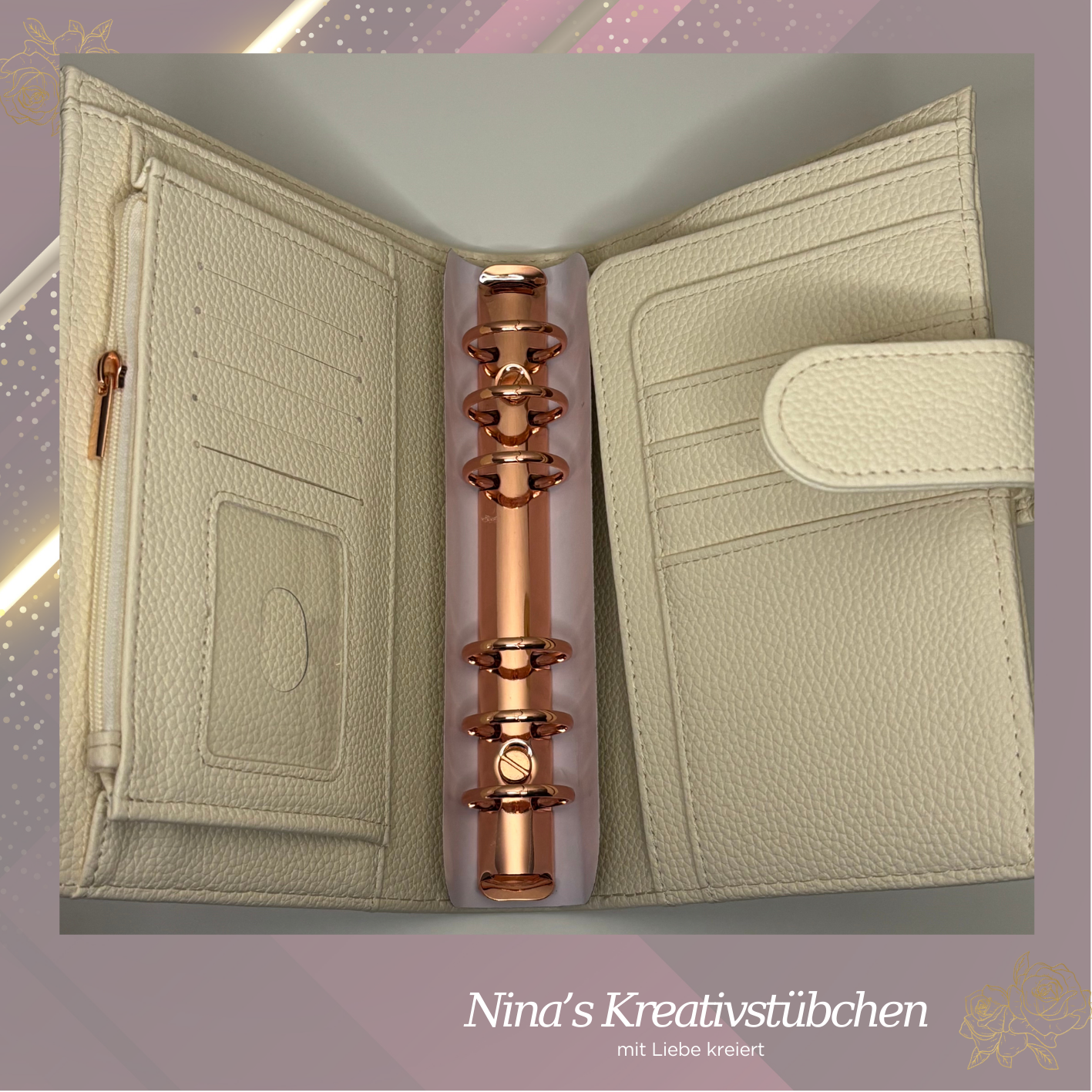 Premium Binder A6 aus Litschi Leder mit rosé goldenen Ringen I Ausverkauf