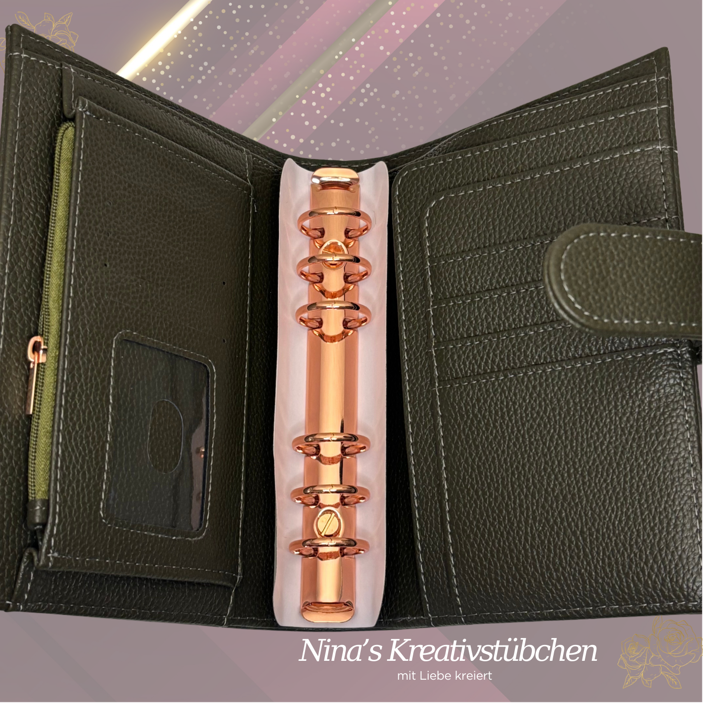 Premium Binder A6 aus Litschi Leder mit rosé goldenen Ringen I Ausverkauf