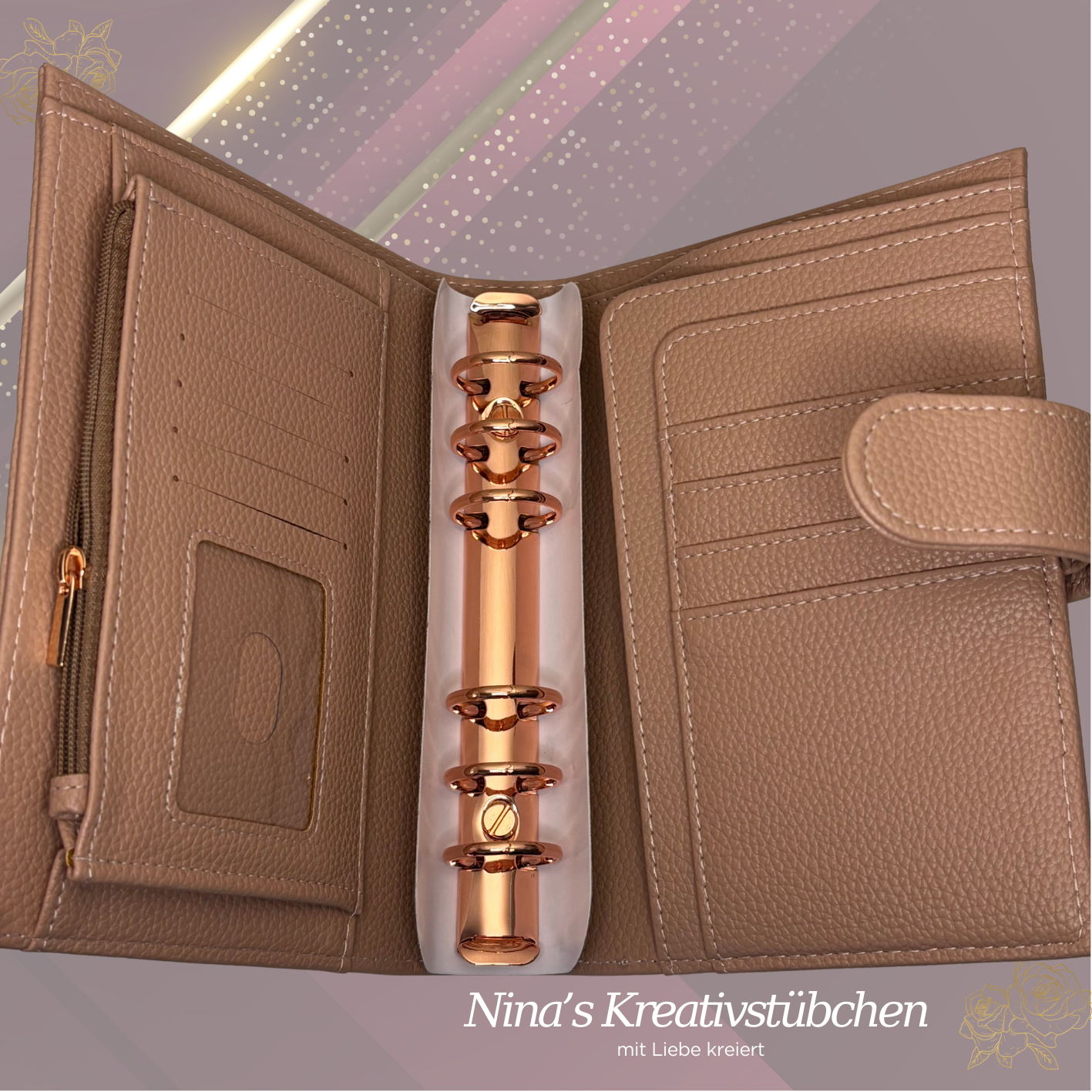 Premium Binder A6 aus Litschi Leder mit rosé goldenen Ringen I Ausverkauf