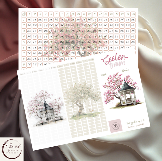 A6 3er Klappkarte Sparchallenge card by Nina's Kreativstübchen with floral house illustration and savings grid