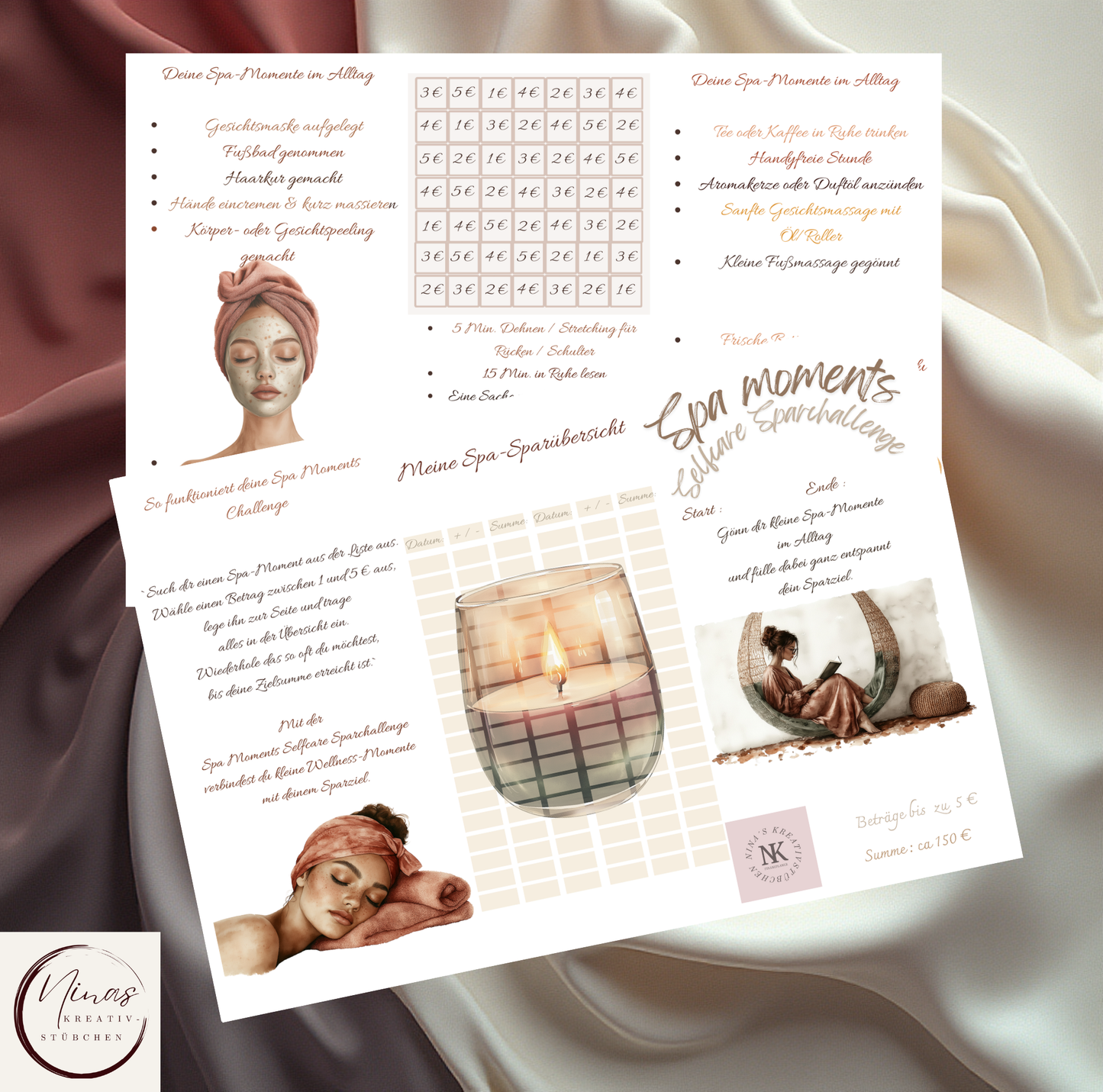 A6 foldable spa savings challenge card by Nina's Kreativstübchen with spa moment checklist and euro value grid