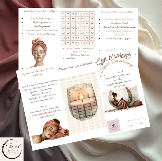 A6 foldable spa savings challenge card by Nina's Kreativstübchen with spa moment checklist and euro value grid