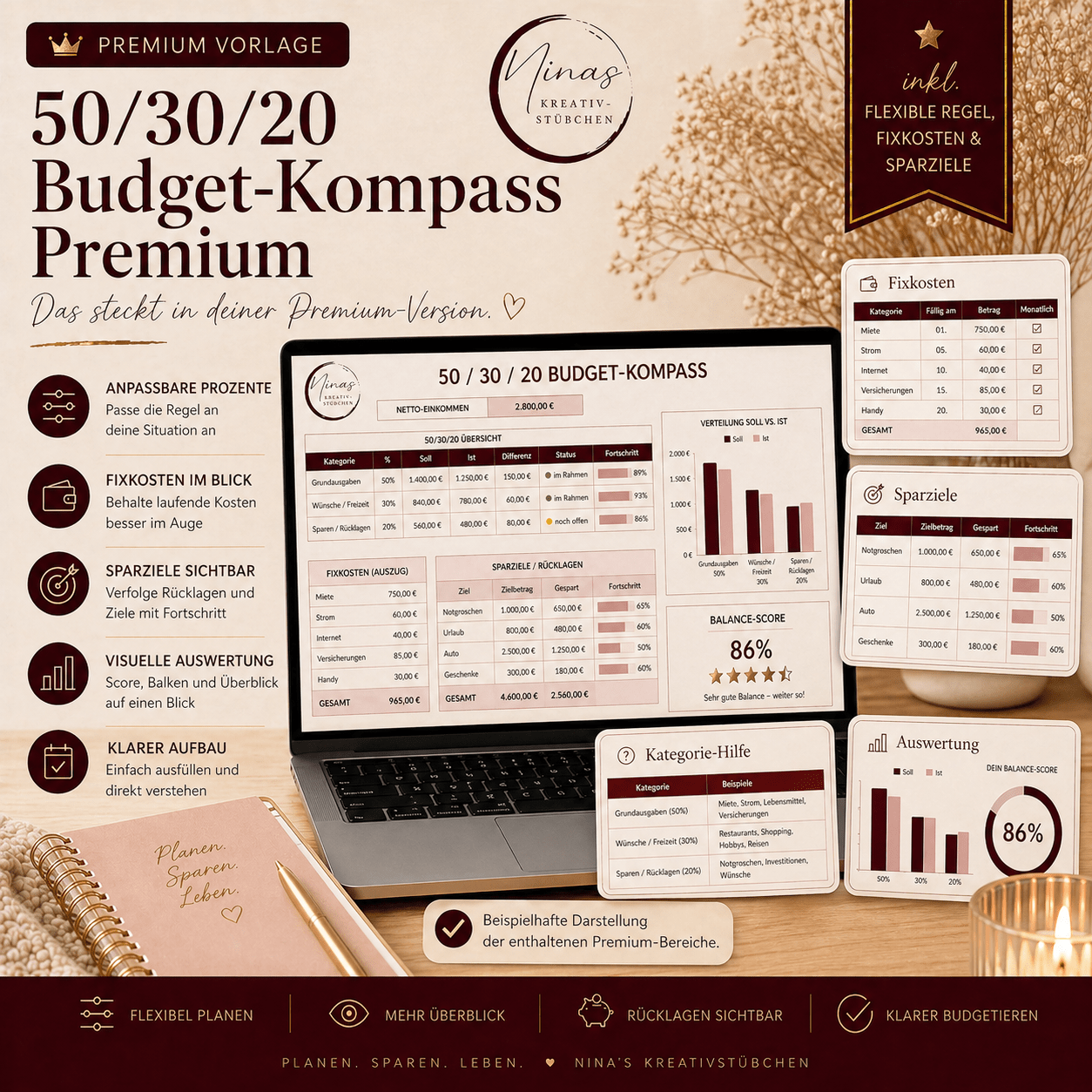 50/30/20 Budget - Kompass Premium – Verstehe, wohin dein Geld fließt - Nina's Kreativstübchen
