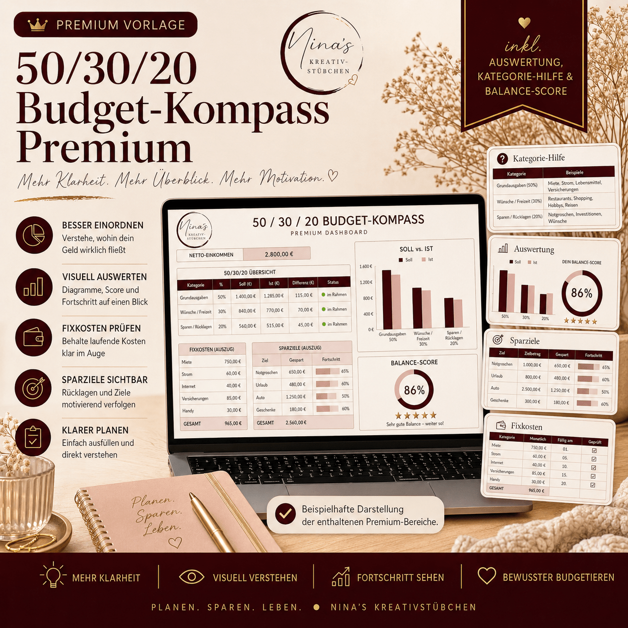 50/30/20 Budget - Kompass Premium – Verstehe, wohin dein Geld fließt - Nina's Kreativstübchen