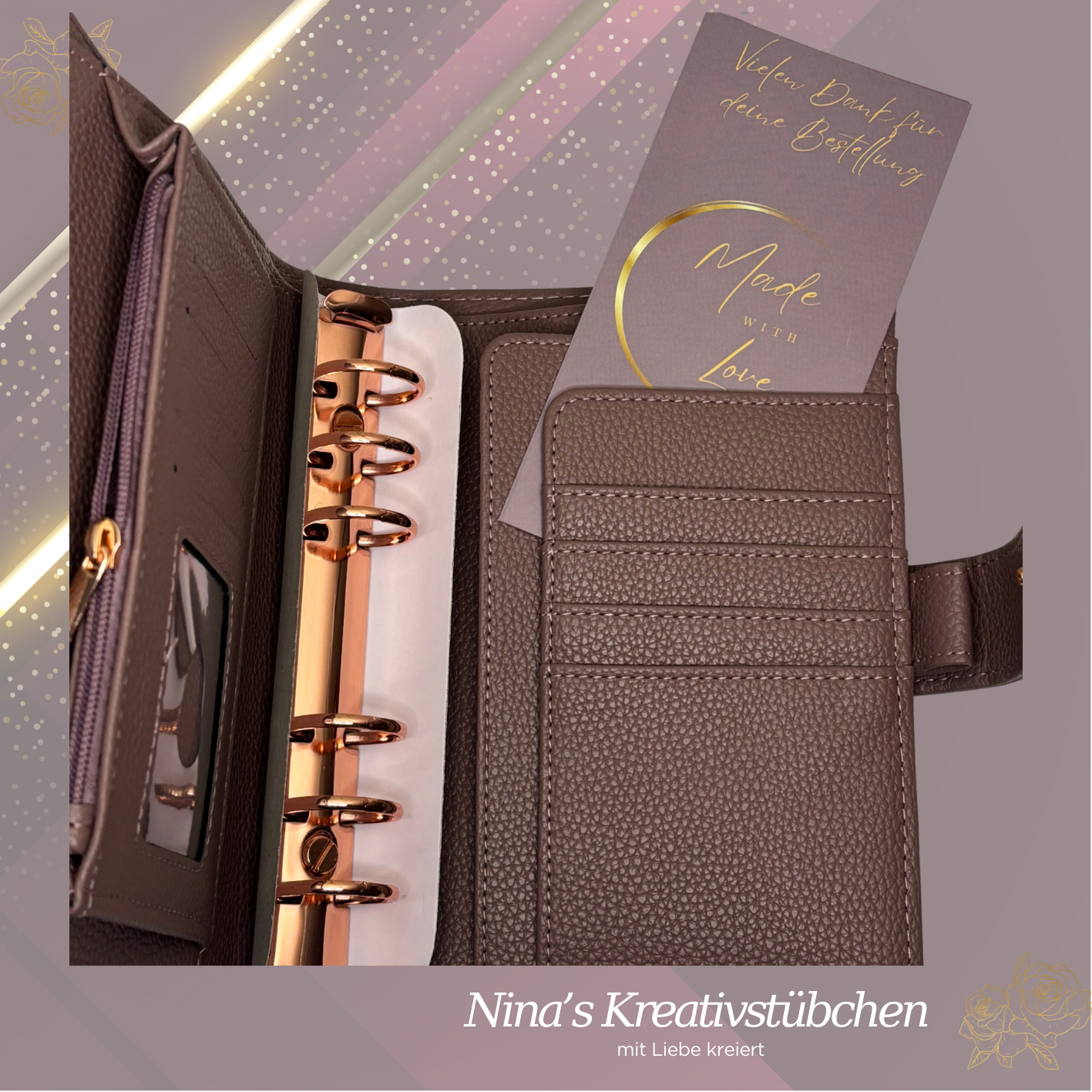Premium Binder A6 aus Litschi Leder mit rosé goldenen Ringen I Ausverkauf