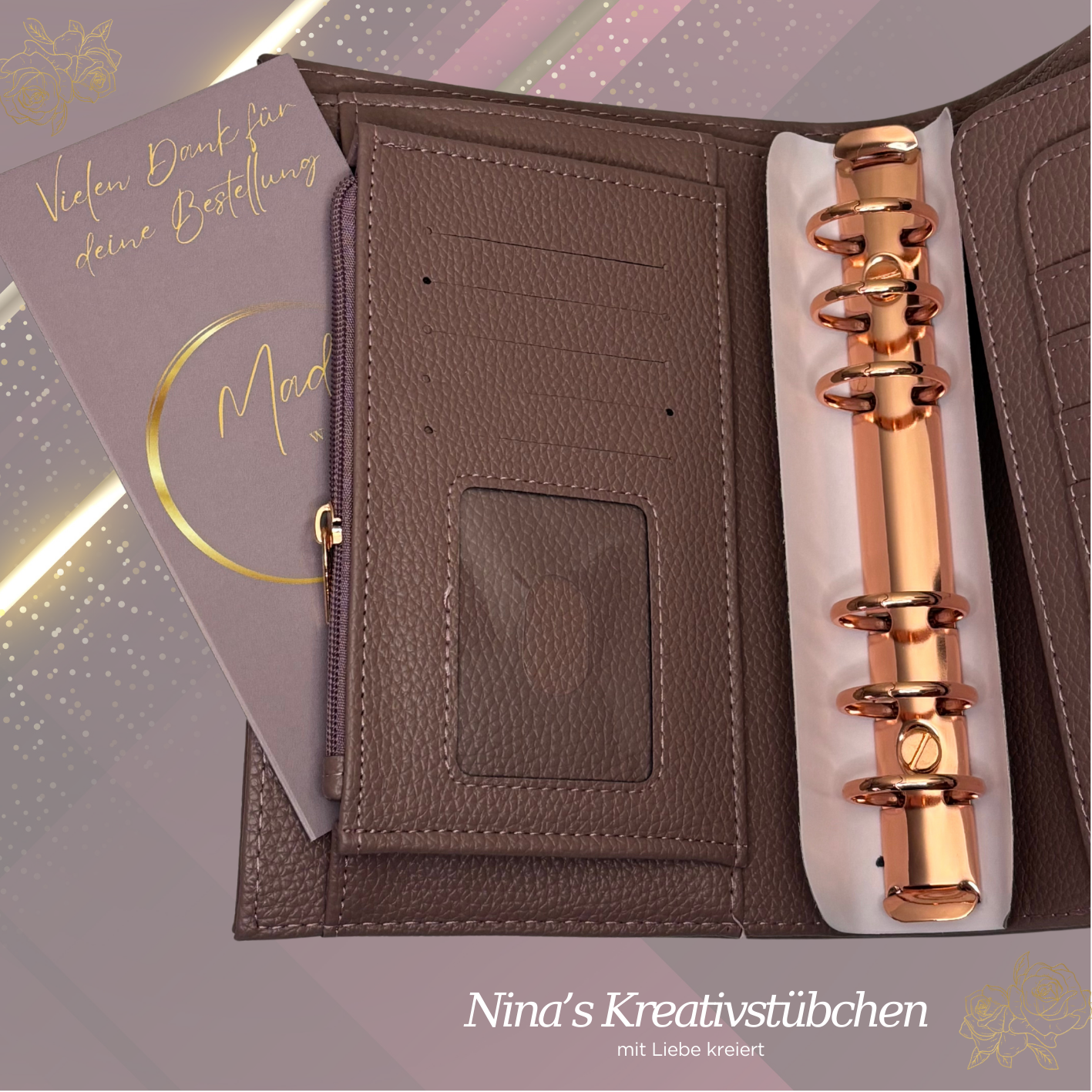Premium Binder A6 aus Litschi Leder mit rosé goldenen Ringen I Ausverkauf