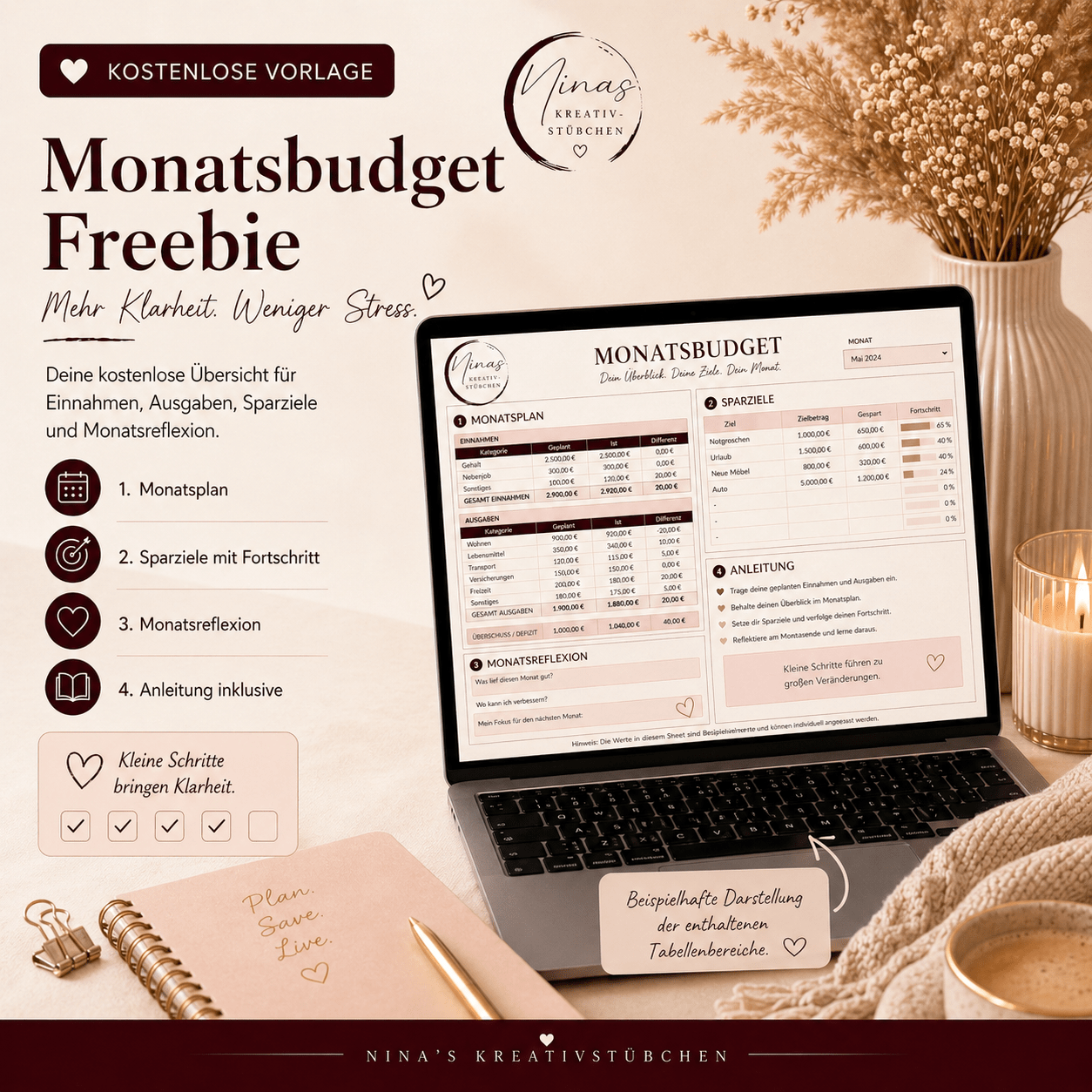 Kostenlose Einnahmen & Ausgaben Übersicht - endlich Klarheit über dein Geld - digitaler Download - Nina's Kreativstübchen