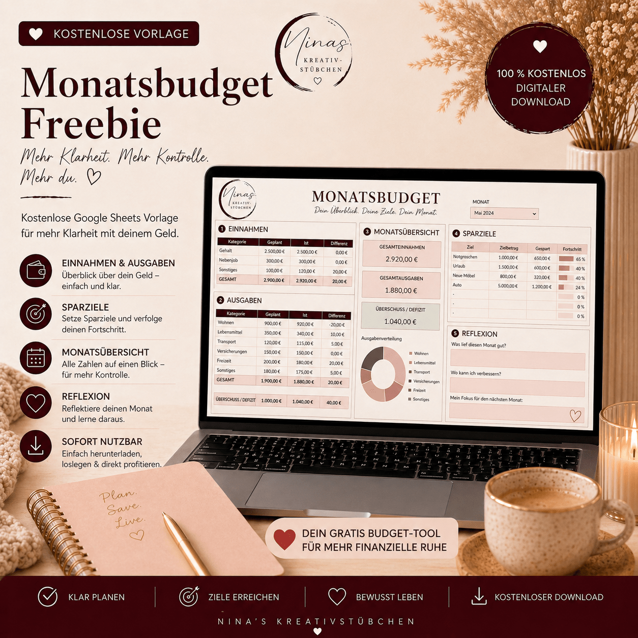 Kostenlose Einnahmen & Ausgaben Übersicht - endlich Klarheit über dein Geld - digitaler Download - Nina's Kreativstübchen