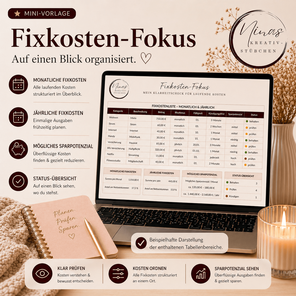 Mein Fixkosten - Check – was jeden Monat wirklich rausgeht | Google Sheets Vorlage - Nina's Kreativstübchen