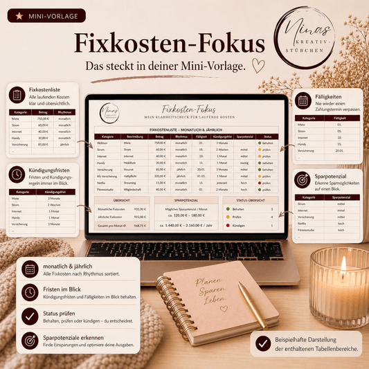 Mein Fixkosten - Check – was jeden Monat wirklich rausgeht | Google Sheets Vorlage - Nina's Kreativstübchen