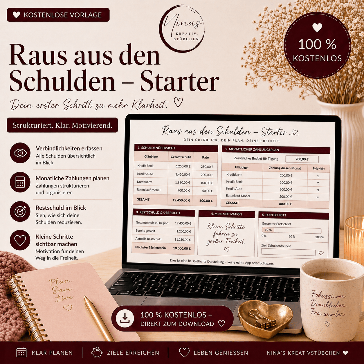 Raus aus den Schulden – Starter – Freebie | Kostenlose Schuldenübersicht für Google Sheets - Nina's Kreativstübchen