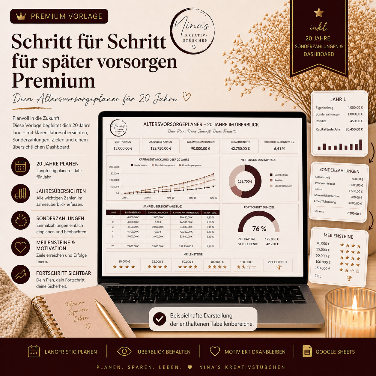 Schritt für Schritt für später vorsorgen – mein Altersvorsorgeplaner für 20 Jahre | Premium | Google Sheets Vorlage - Nina's Kreativstübchen