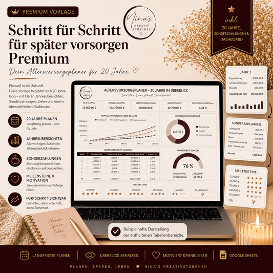 Schritt für Schritt für später vorsorgen – mein Altersvorsorgeplaner für 20 Jahre | Premium | Google Sheets Vorlage - Nina's Kreativstübchen