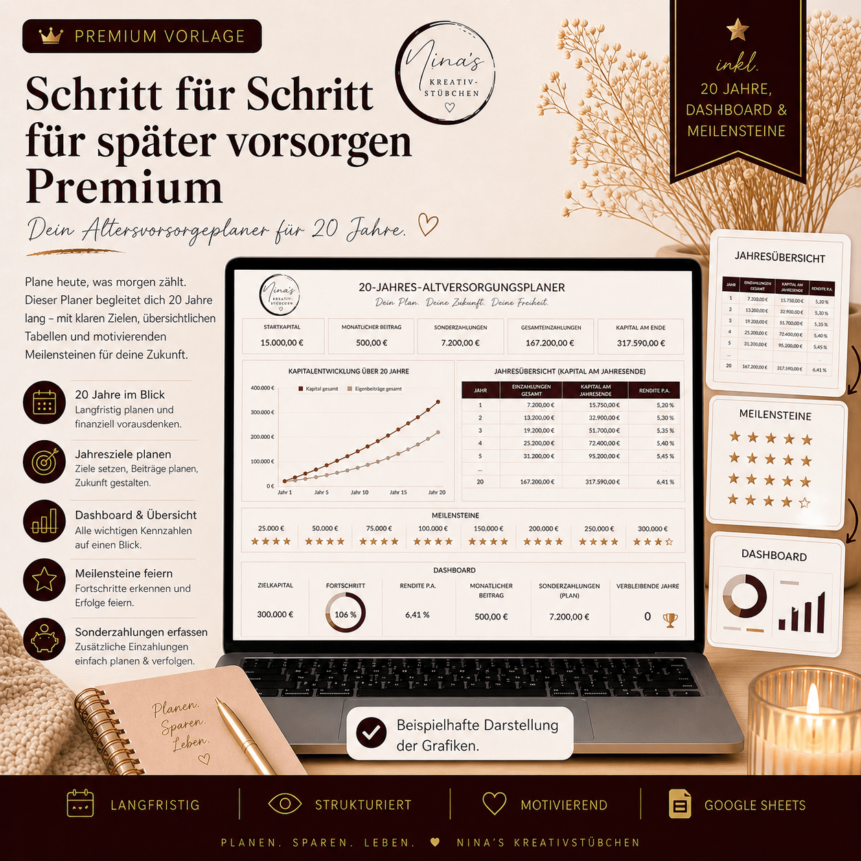 Schritt für Schritt für später vorsorgen – mein Altersvorsorgeplaner für 20 Jahre | Premium | Google Sheets Vorlage - Nina's Kreativstübchen