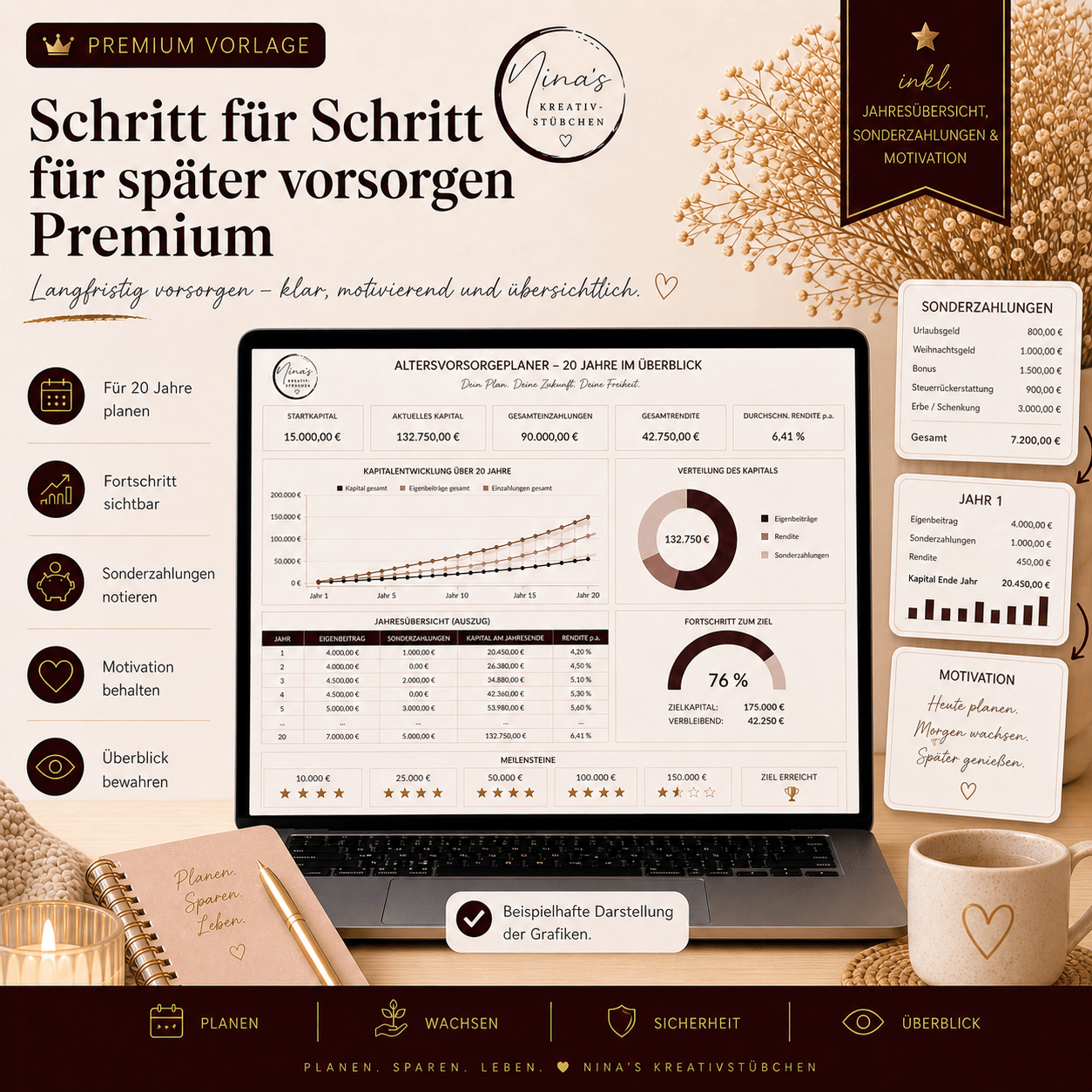 Schritt für Schritt für später vorsorgen – mein Altersvorsorgeplaner für 20 Jahre | Premium | Google Sheets Vorlage - Nina's Kreativstübchen