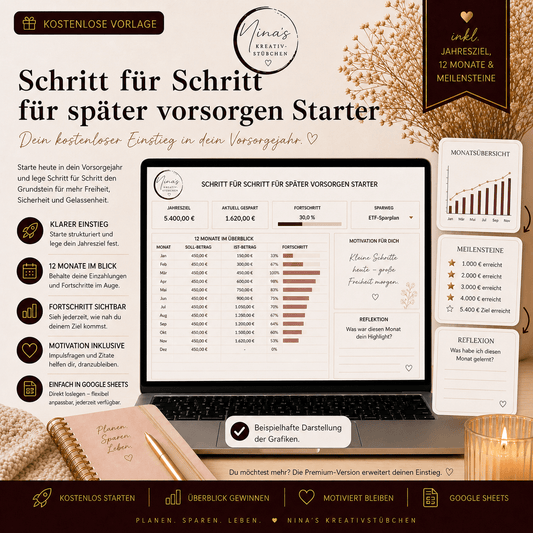 Schritt für Schritt für später vorsorgen – mein Vorsorge - Start für zwölf Monate | Kostenlose Vorlage | Google - Sheets - Nina's Kreativstübchen
