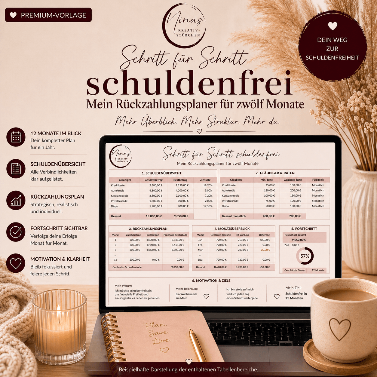 Schritt für Schritt schuldenfrei – mein Rückzahlungsplaner für zwölf Monate | Premium Google Sheets Vorlage - Nina's Kreativstübchen