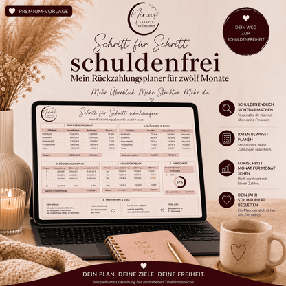 Schritt für Schritt schuldenfrei – mein Rückzahlungsplaner für zwölf Monate | Premium Google Sheets Vorlage - Nina's Kreativstübchen
