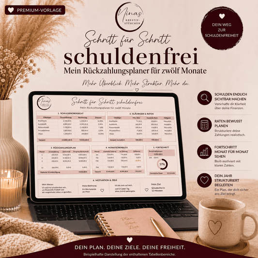 Schritt für Schritt schuldenfrei – mein Rückzahlungsplaner für zwölf Monate | Premium Google Sheets Vorlage - Nina's Kreativstübchen