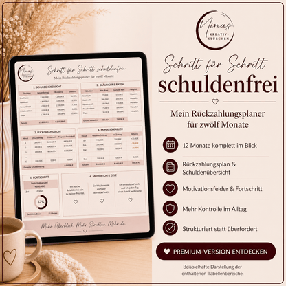 Schritt für Schritt schuldenfrei – mein Rückzahlungsplaner für zwölf Monate | Premium Google Sheets Vorlage - Nina's Kreativstübchen